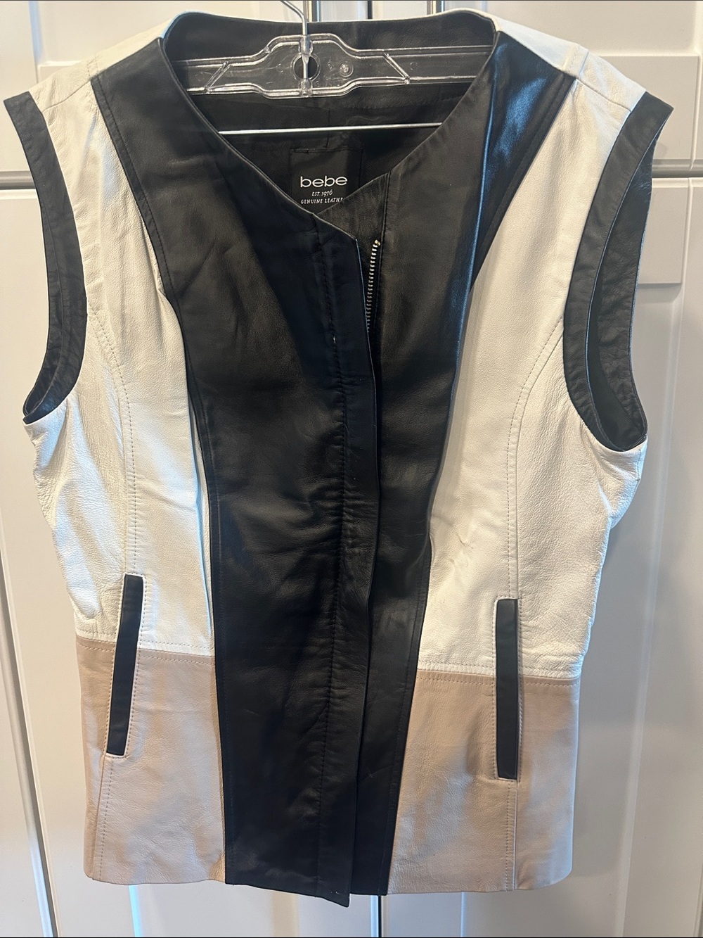 bebe Black, White & Tan Colorblock Leather Vest